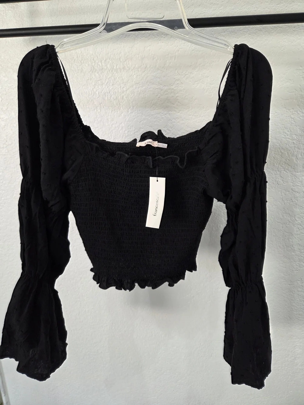 Francesca's Black Smocked Puff-Sleeve Crop Top with Ruffle Hem